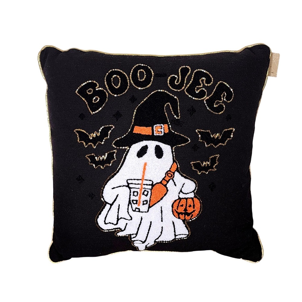 Halloween Beaded Ghost Witch Throw Pillow 18x18 Black Boo Jee Bats Fall Spooky